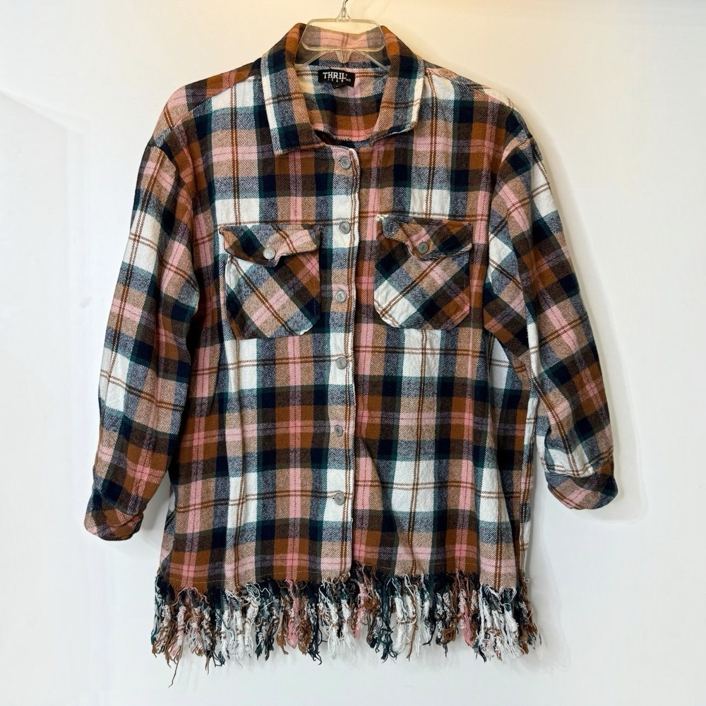 Thrill Jean Womens 3X Fall Color Plaid Flannel Shacket Fringe Grunge Pockets